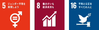 5 ジェンダー平等を実現しよう 8 働きがいも経済成長も 16 平和と公正をすべての人に