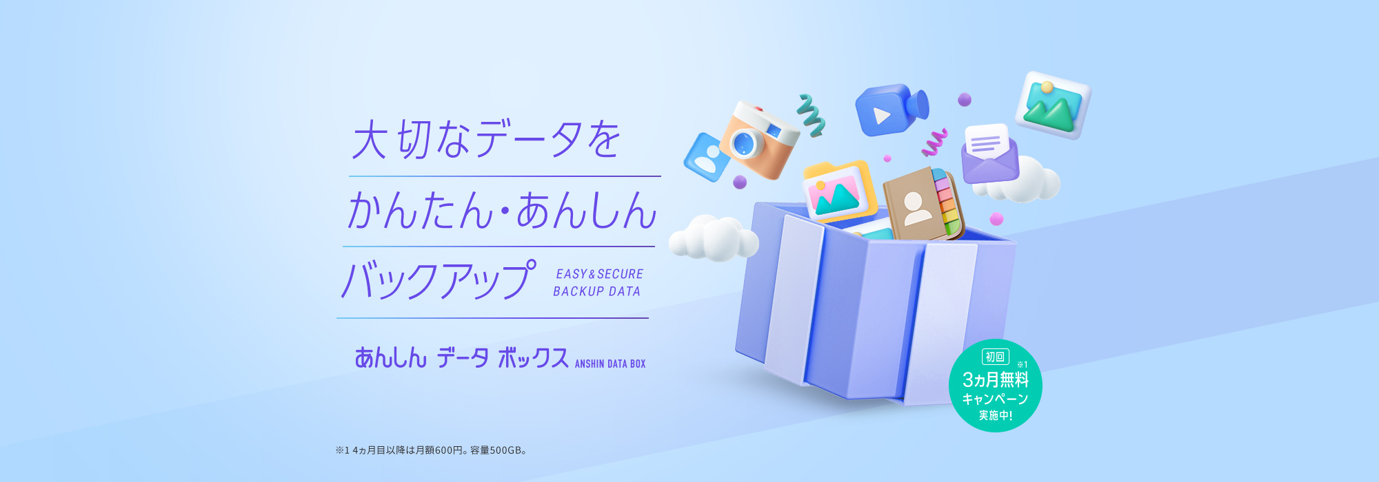 大切なデータをかんたん・あんしんバックアップ EASY&SECURE BACKUP DATA あんしんデータボックス ANSHIN DATA BOX 初回3ヵ月無料※1キャンペーン実施中! ※1 4ヵ月目以降は月額600円。容量500GB。